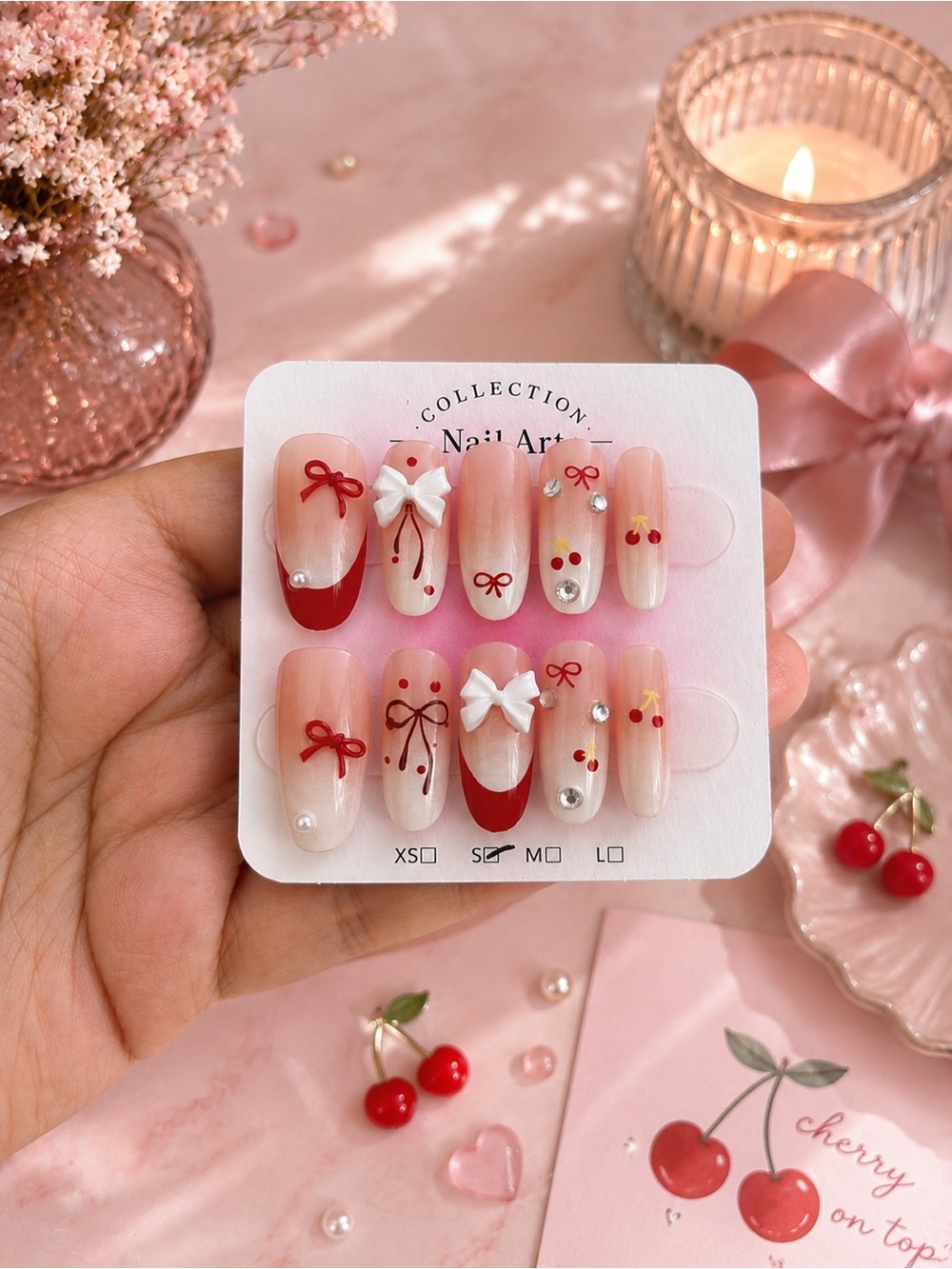 SHEIN Pink & Red Cherry Bow Press-On Nail Set